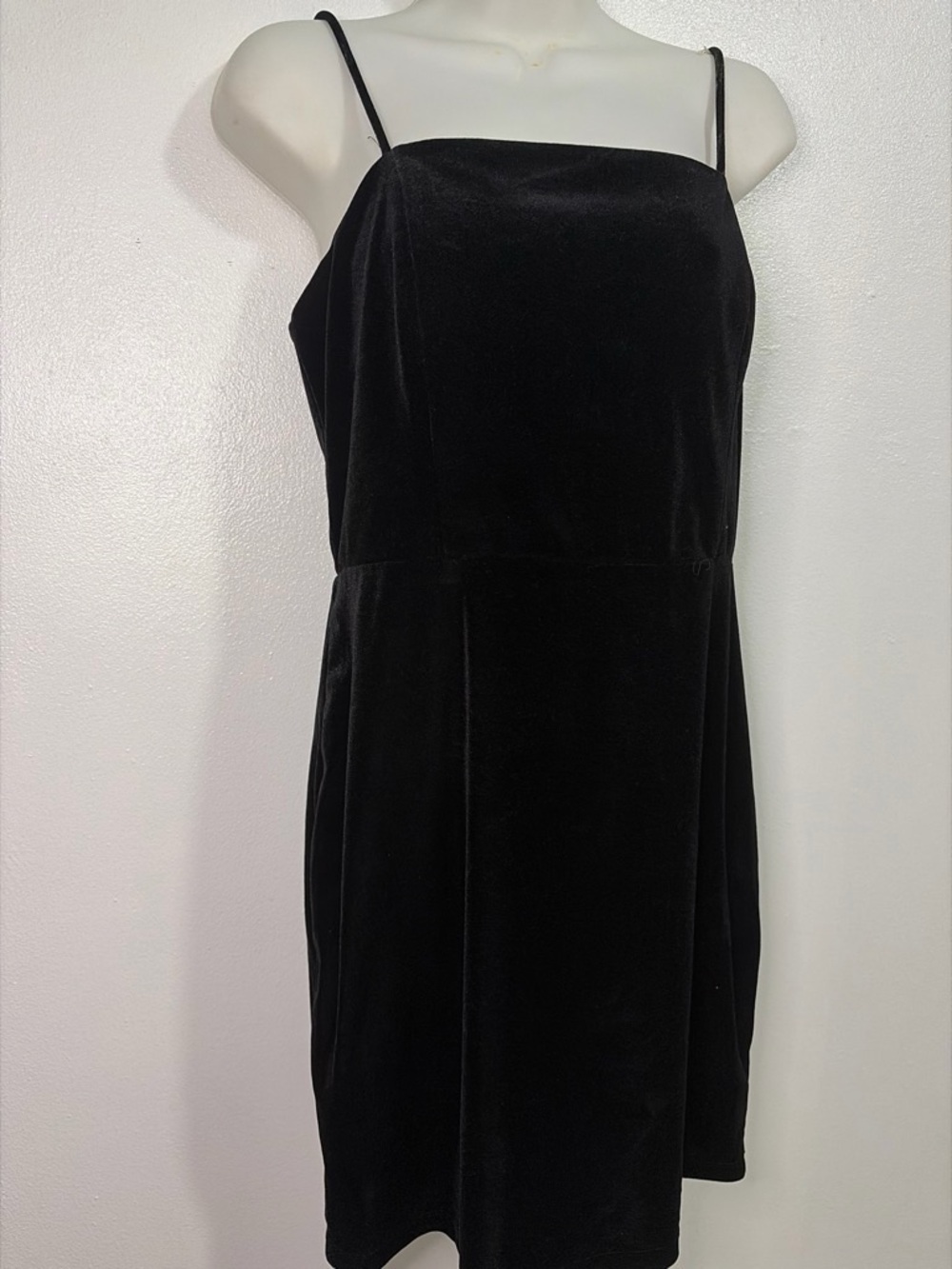 Black Velvet Mini Dress Large Spaghetti Strap Square Neck Size L